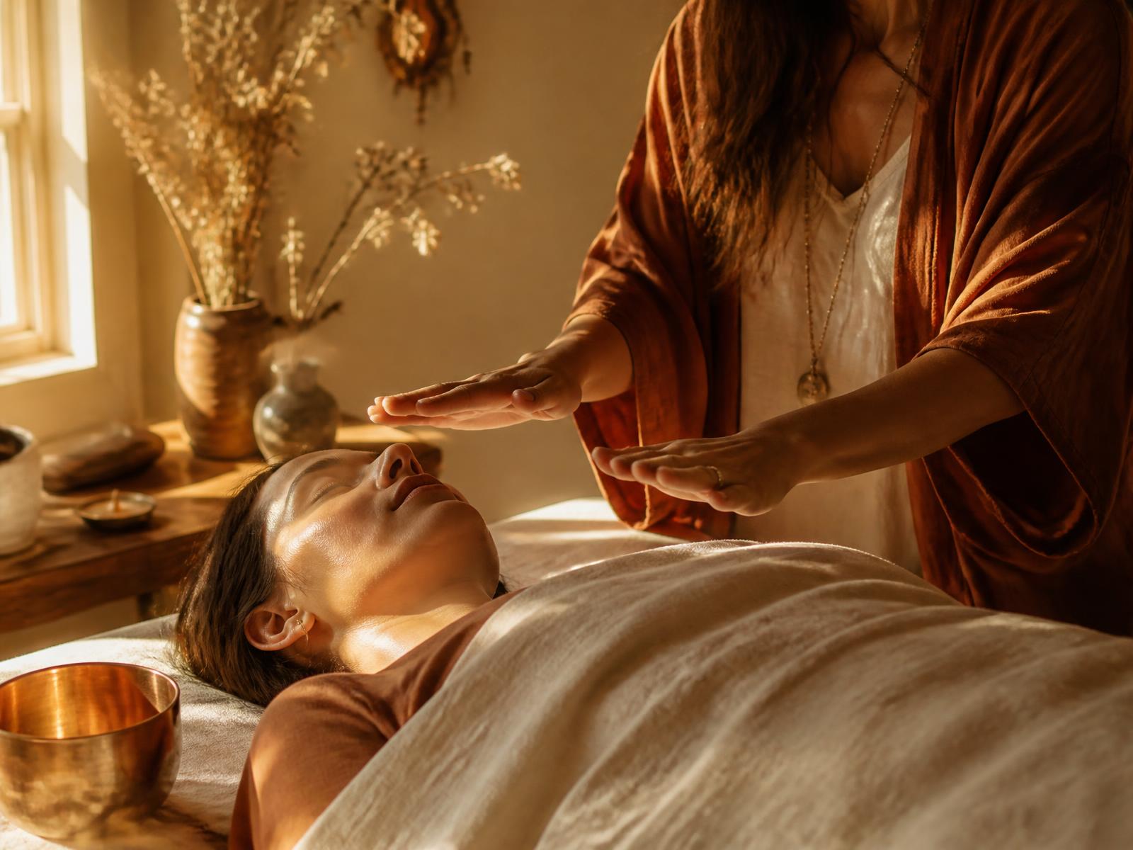 Lisa giving a hands-on energy healing session in warm daylight